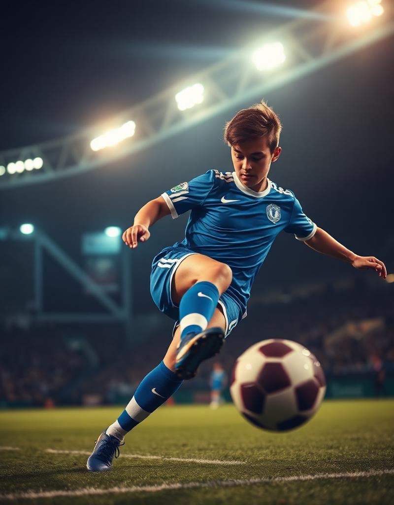 Young soccer player kicking ball under stadium lights