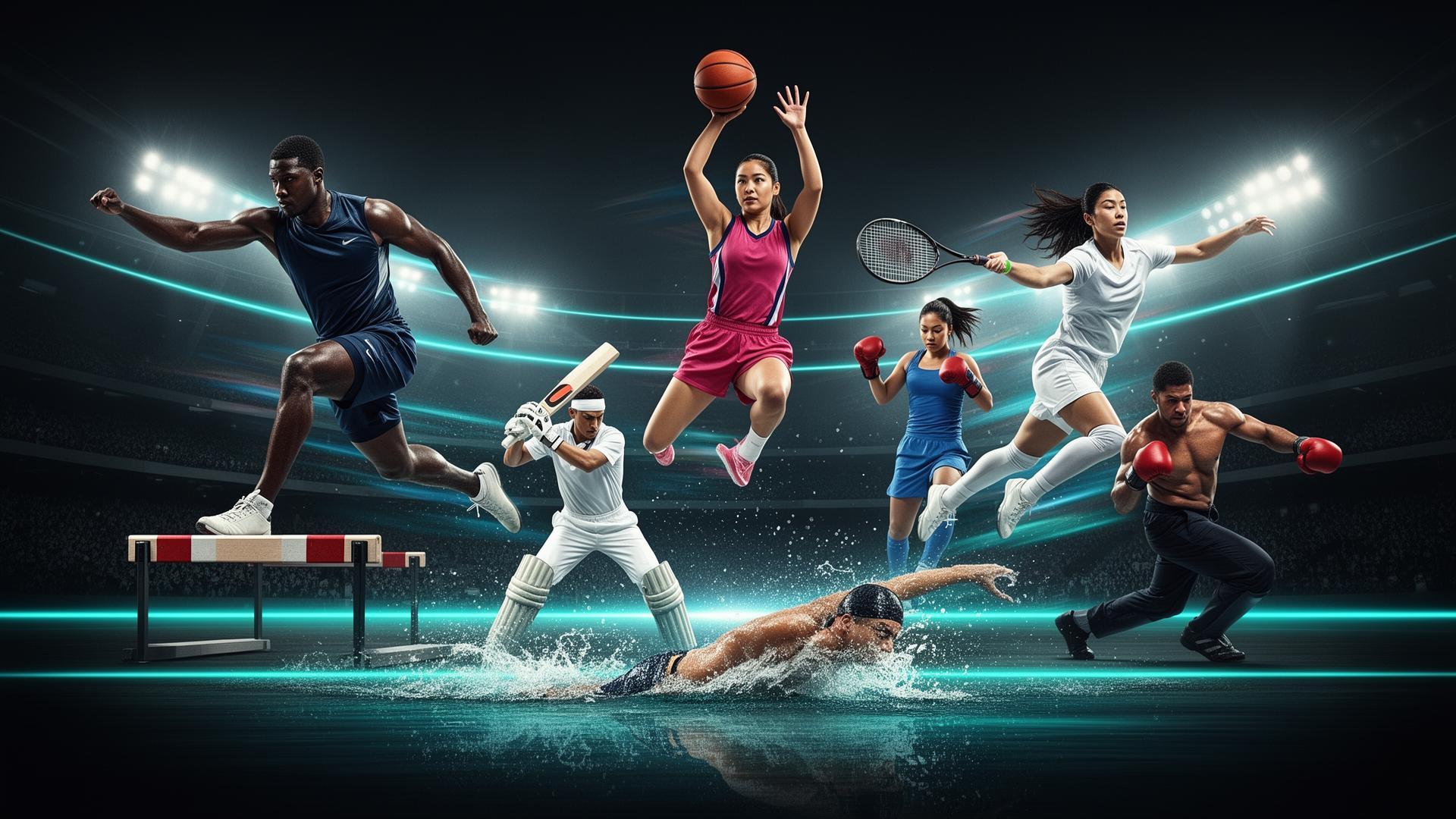 Diverse young athletes in dynamic action across sports